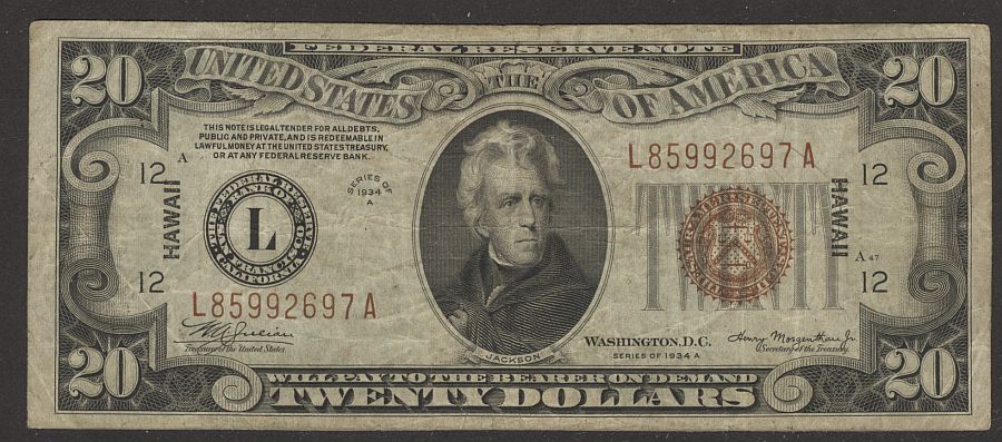 Fr.2305, 1934A $20 Hawaii Federal Reserve Note, L-A Block, Very Fine